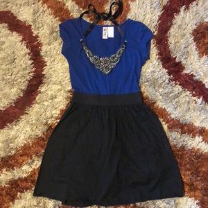 Embellished Short Sleeve Neck Tie Blue dress
